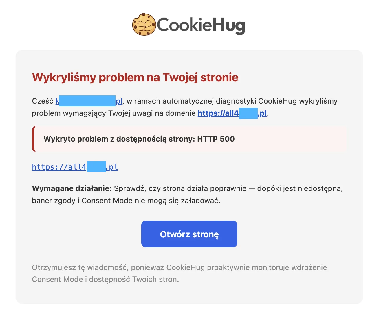 Zrzut z panelu: alert radaru o błędzie 500