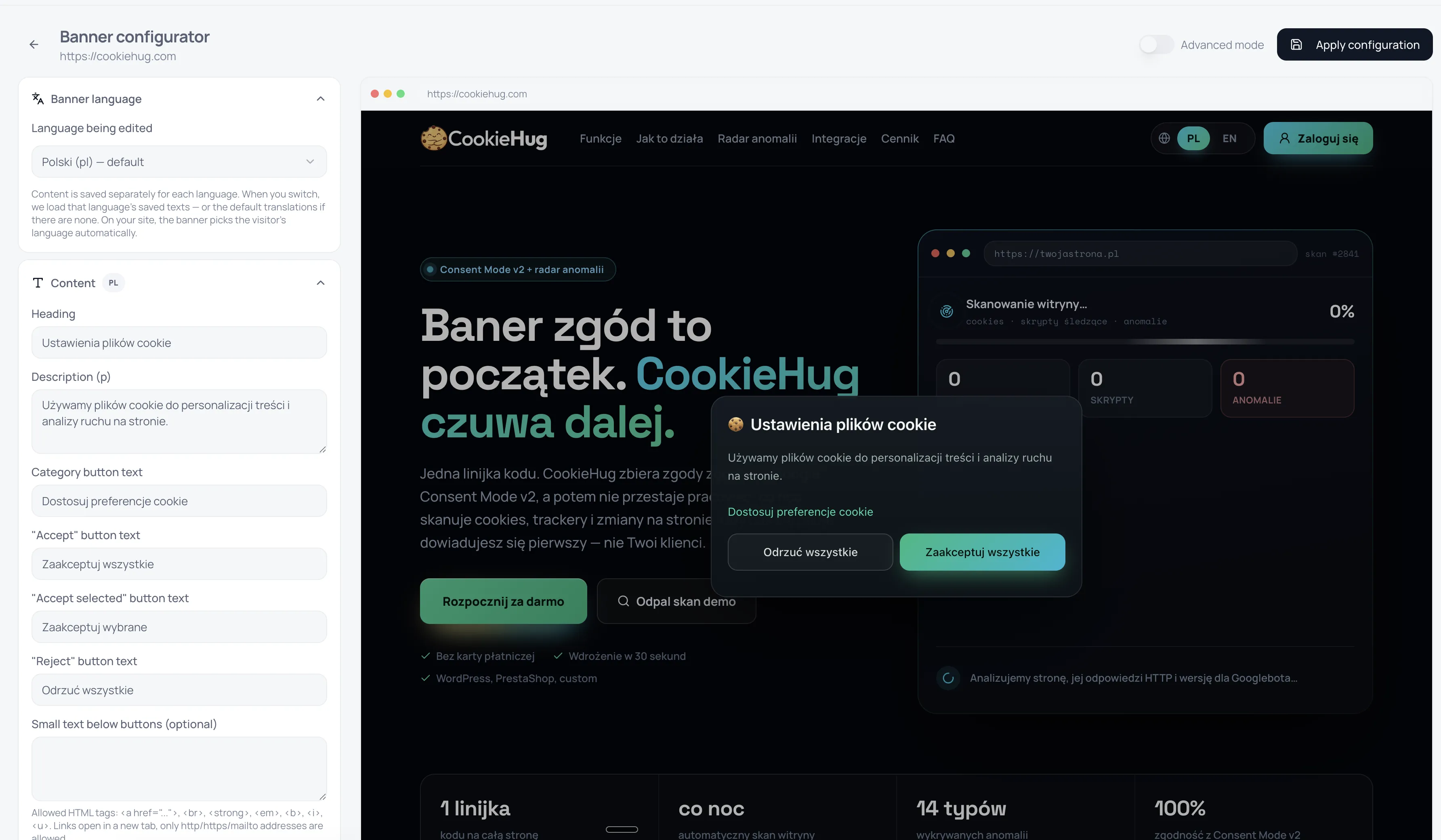 Panel CookieHug: konfigurator banera zgód